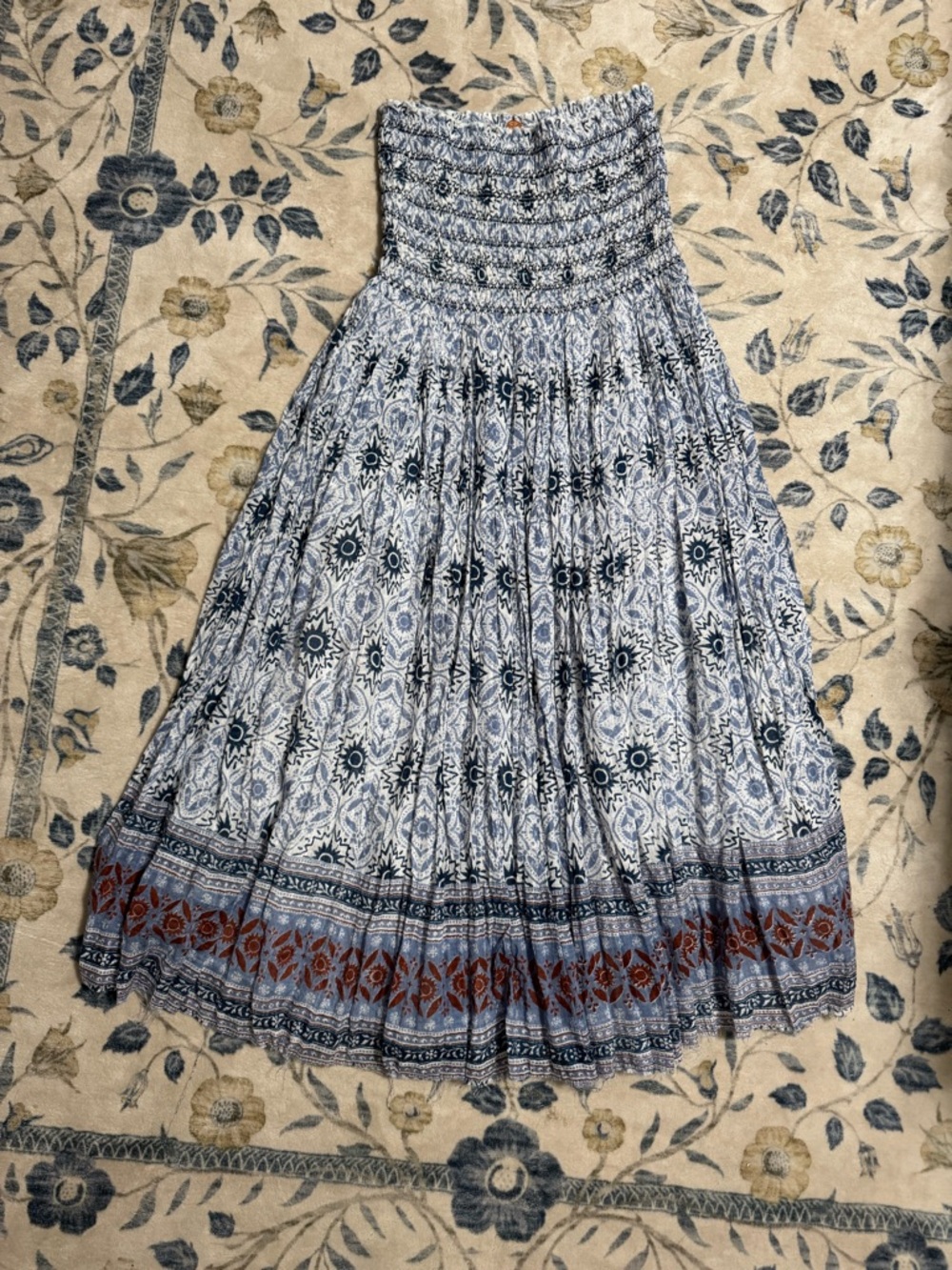 Free People Strapless Boho Tiered Maxi Dress in Blue and Brown New without tags